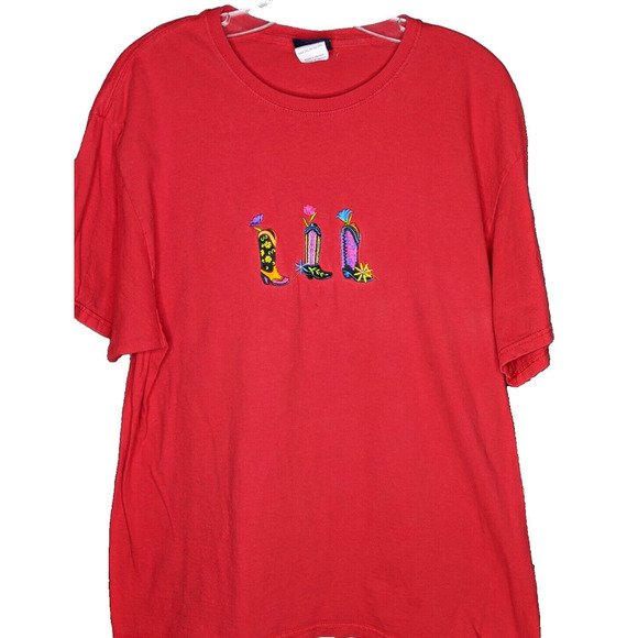 Western Red T-Shirt Women's 2XL Embroidered Cowgirl Boots Bright READ - Picture 6 of 6